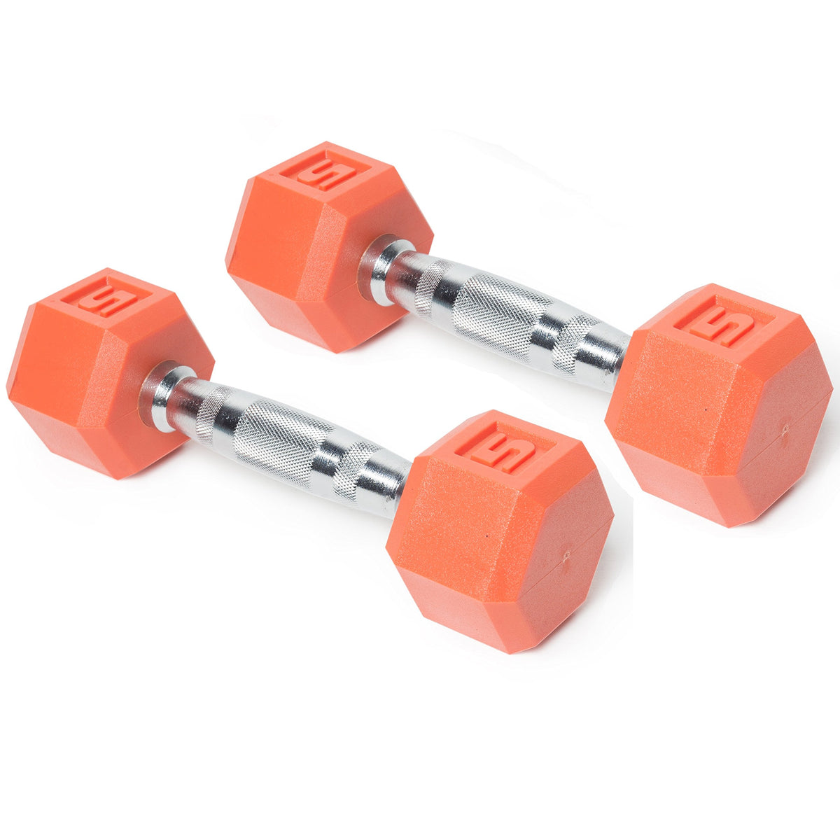 CAP Barbell 5 lb dumbbell front profile showing color-coated head and chrome handle for secure grip