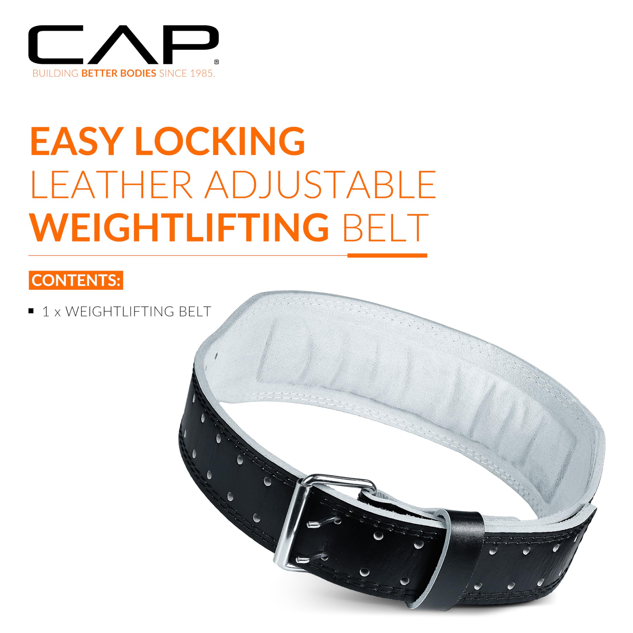 CAP Barbell close-up of double-prong buckle and reinforced stitching for secure fit