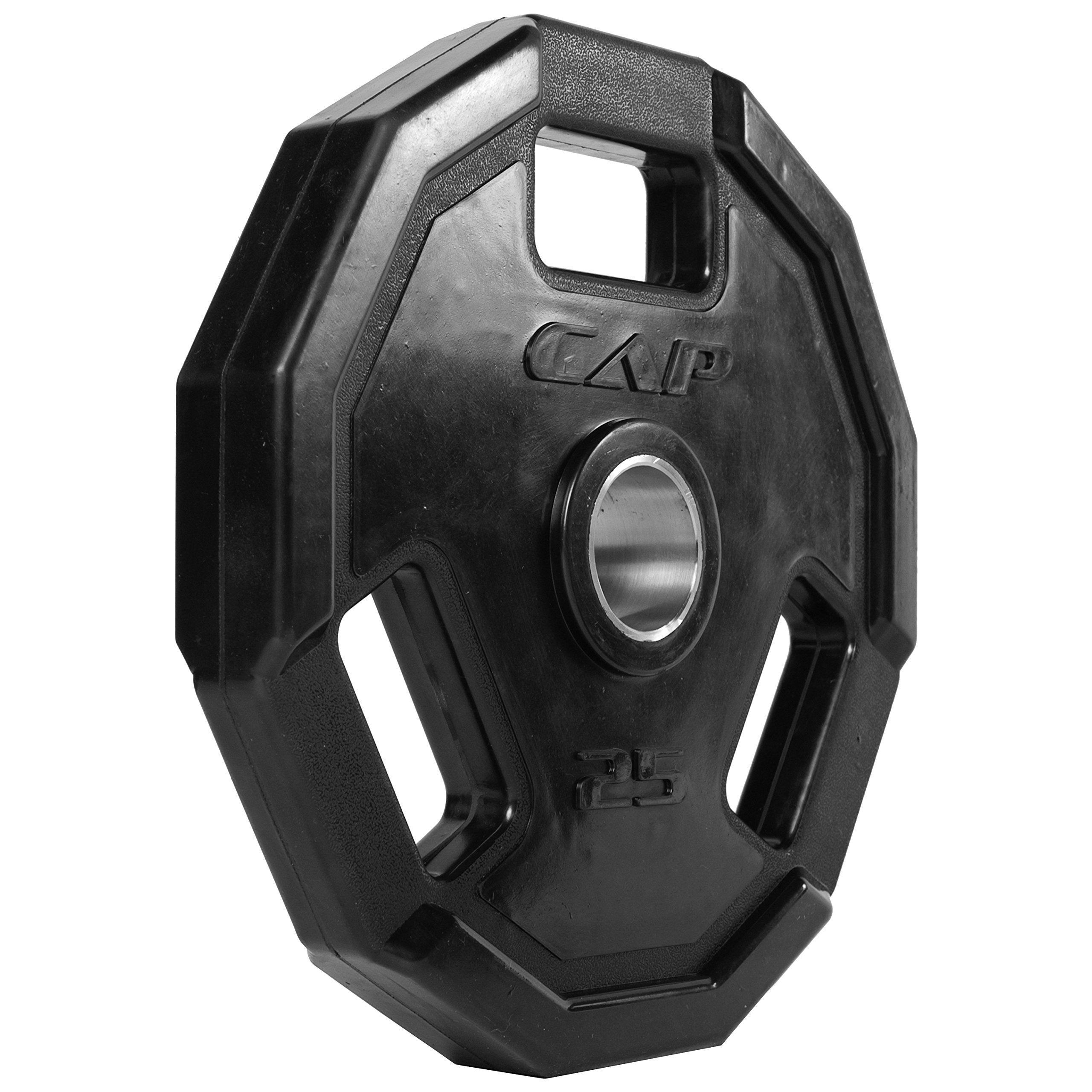 CAP Barbell plate in use while loading an Olympic bar demonstrating secure grip handling