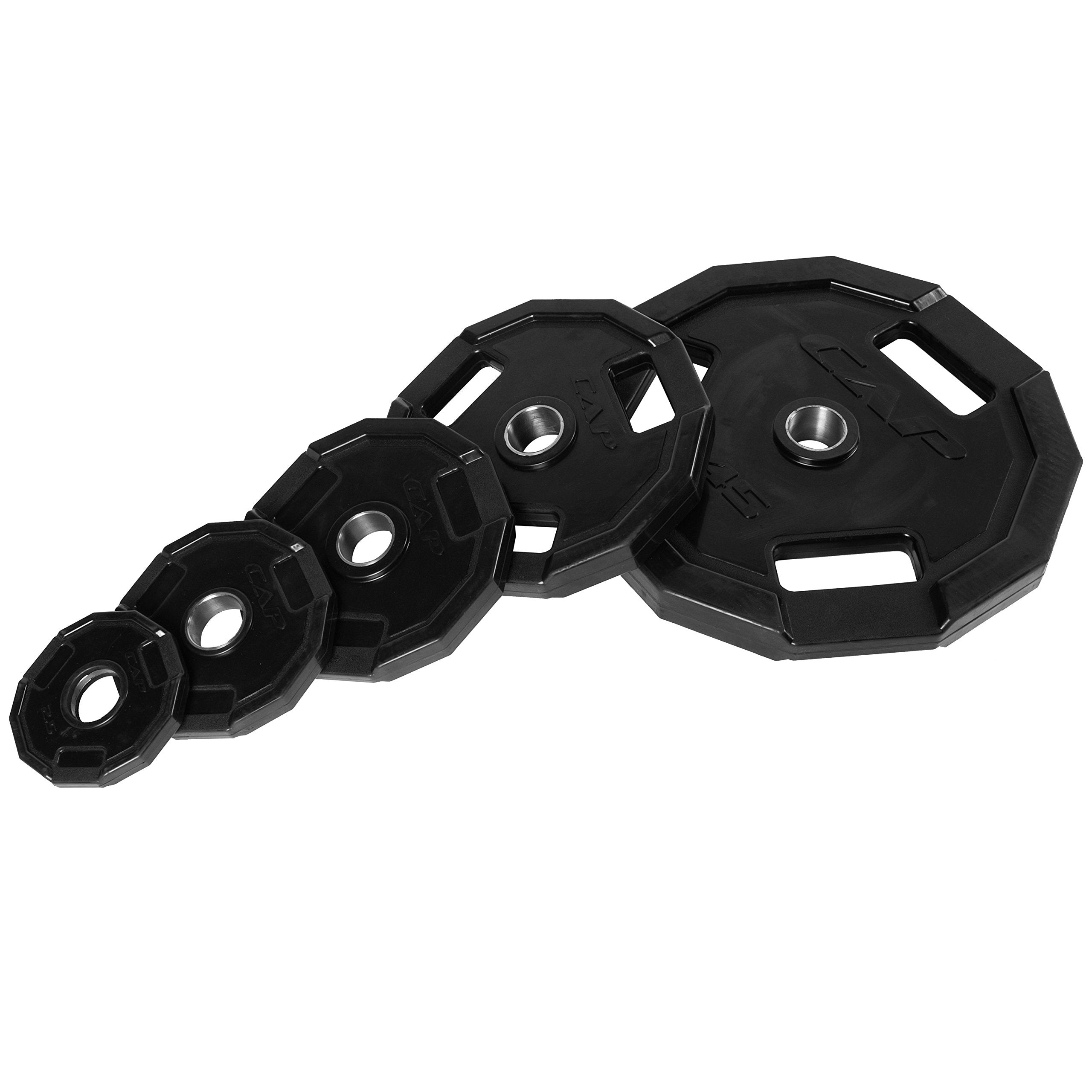 CAP Barbell 25 lb plate beside a 45 lb plate for scale and easy equipment planning