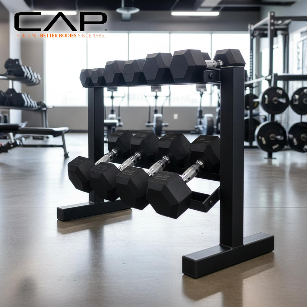CAP dumbbells beside a tape measure for scale and space planning benefit