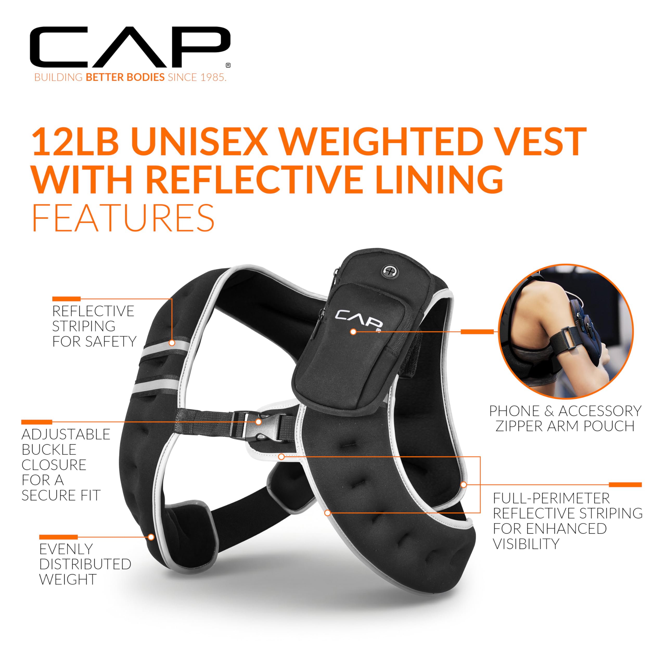 CAP vest zippered phone pocket containing a smartphone for convenience