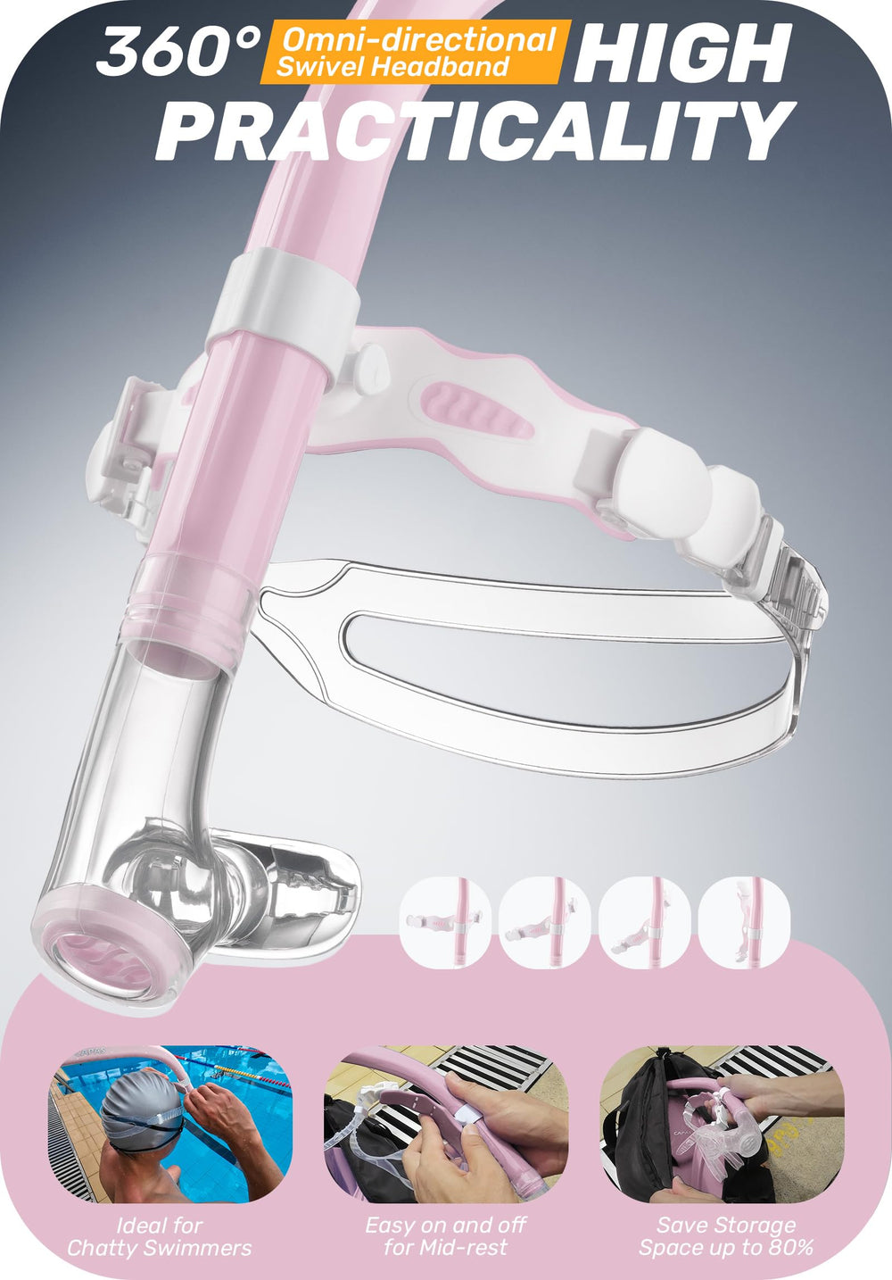 CAPAS snorkel worn by lap swimmer demonstrating streamlined stroke benefit