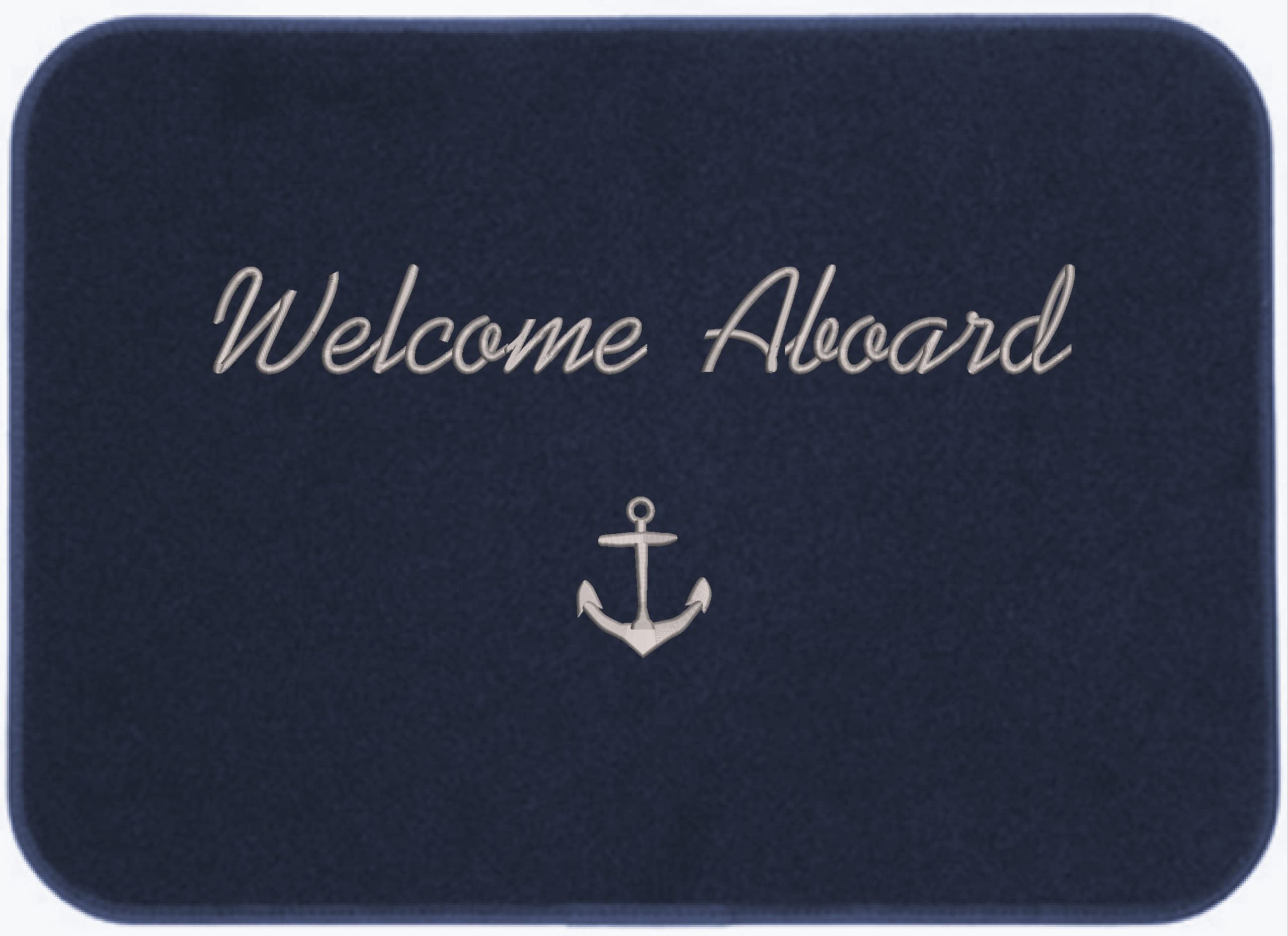 Cape Marine front view of mat on deck showing welcome aboard and anchor for nautical curb appeal