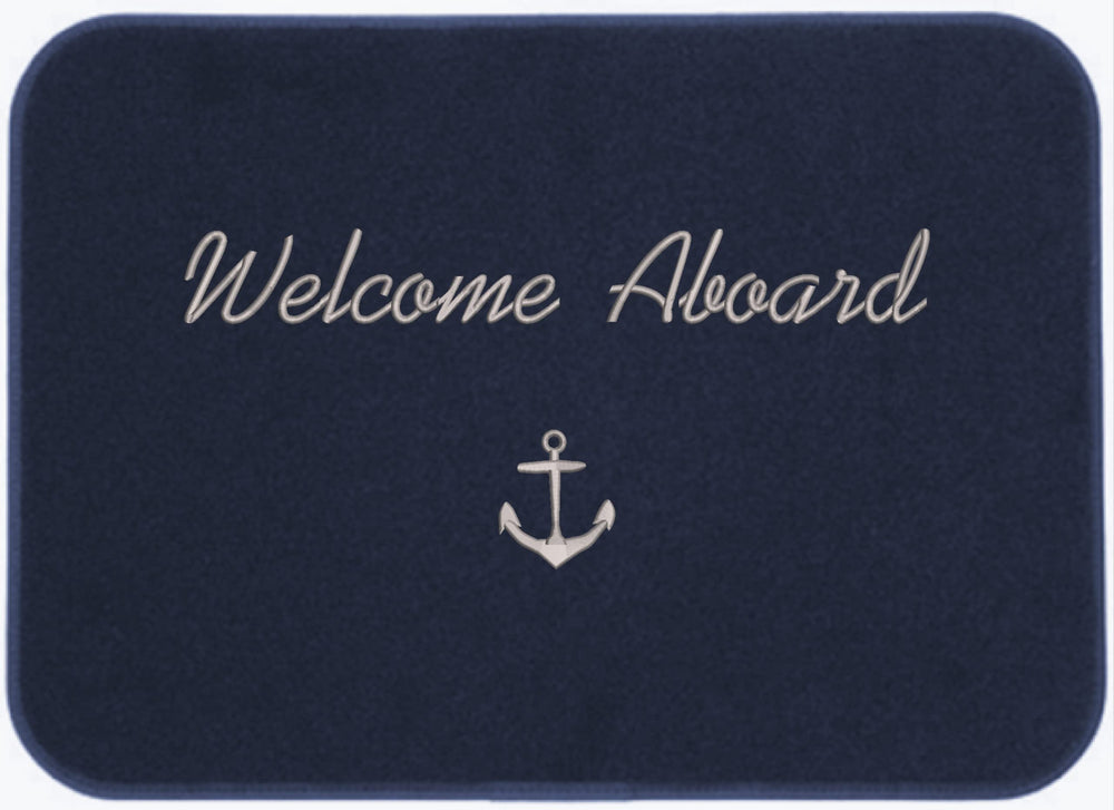 Cape Marine front view of mat on deck showing welcome aboard and anchor for nautical curb appeal