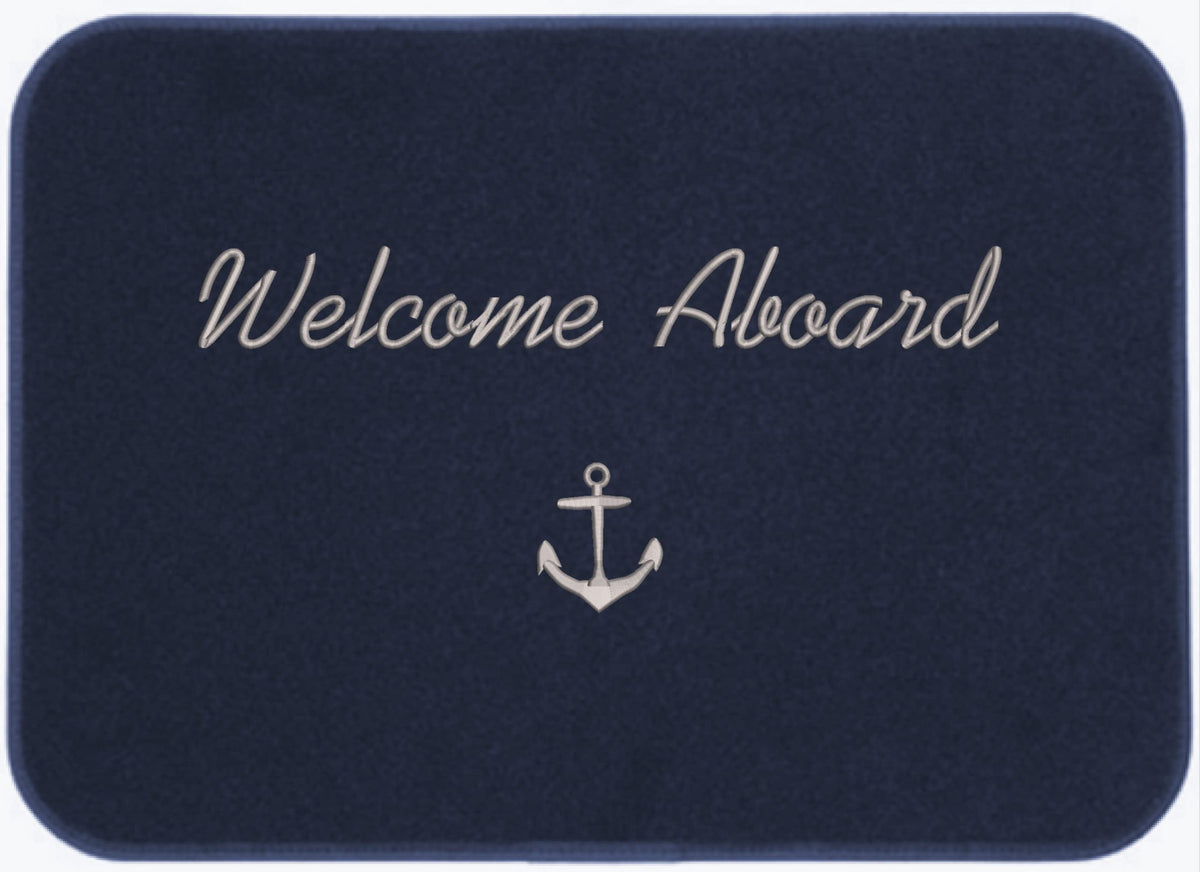 Cape Marine front view of mat on deck showing welcome aboard and anchor for nautical curb appeal