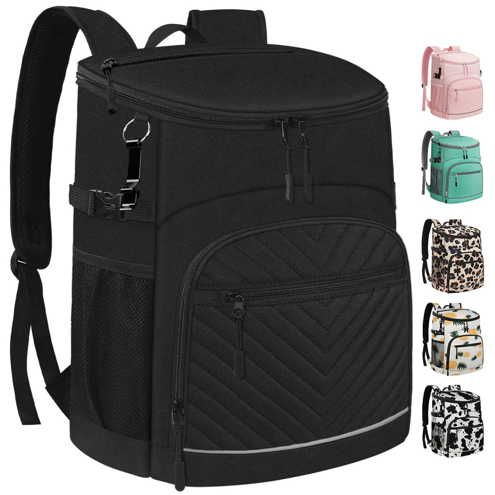Capolo front view showing sleek black cooler backpack and organized pockets for outings