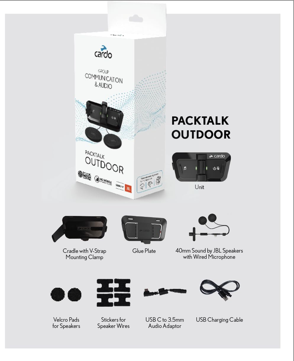 Cardo Packtalk Outdoor wired microphone close-up highlighting noise-canceling clarity benefit