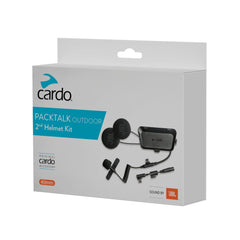 Cardo Packtalk Outdoor second helmet kit front view showing included components and easy setup benefit