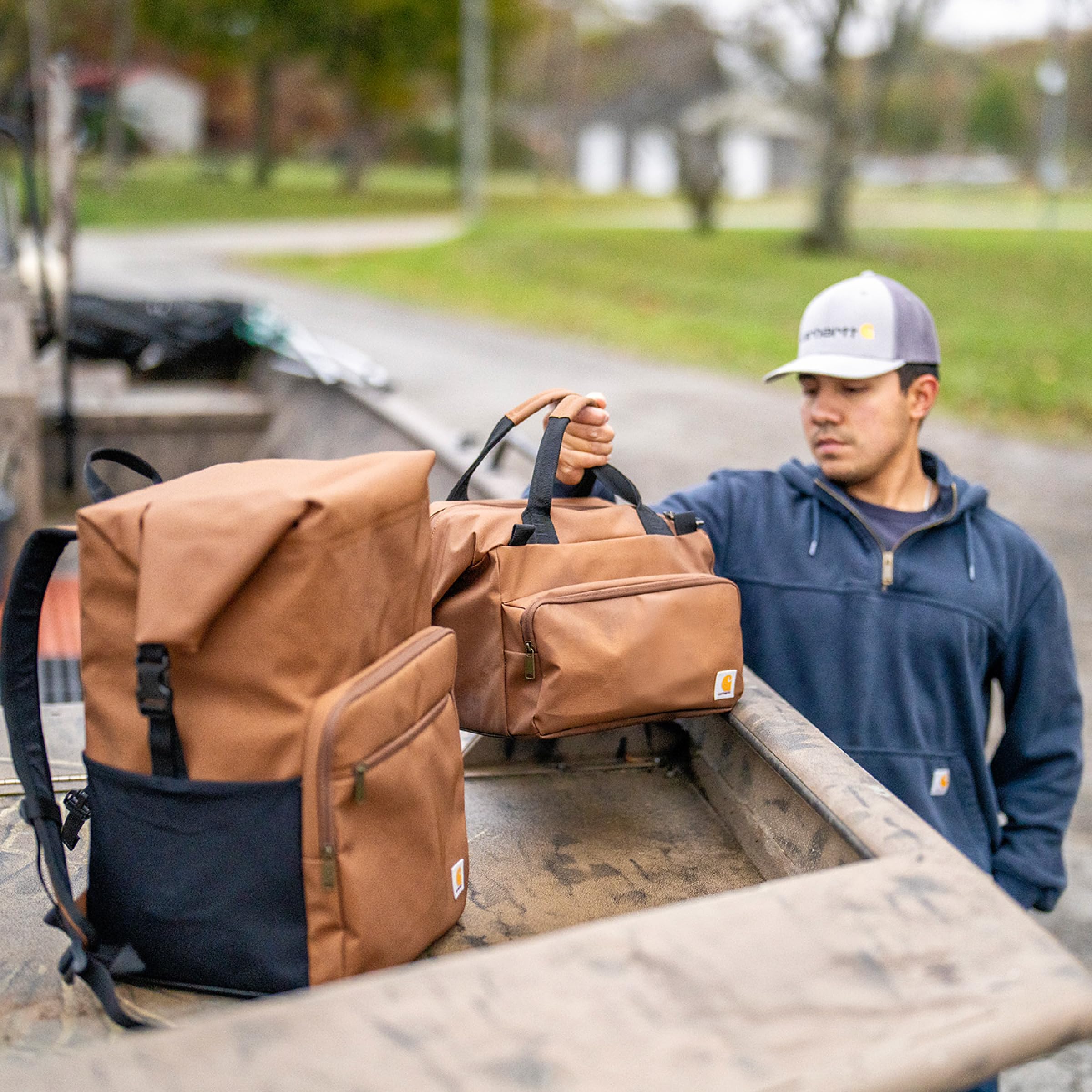 Carhartt cooler sitting on truck bed showing jobsite-ready portability benefit
