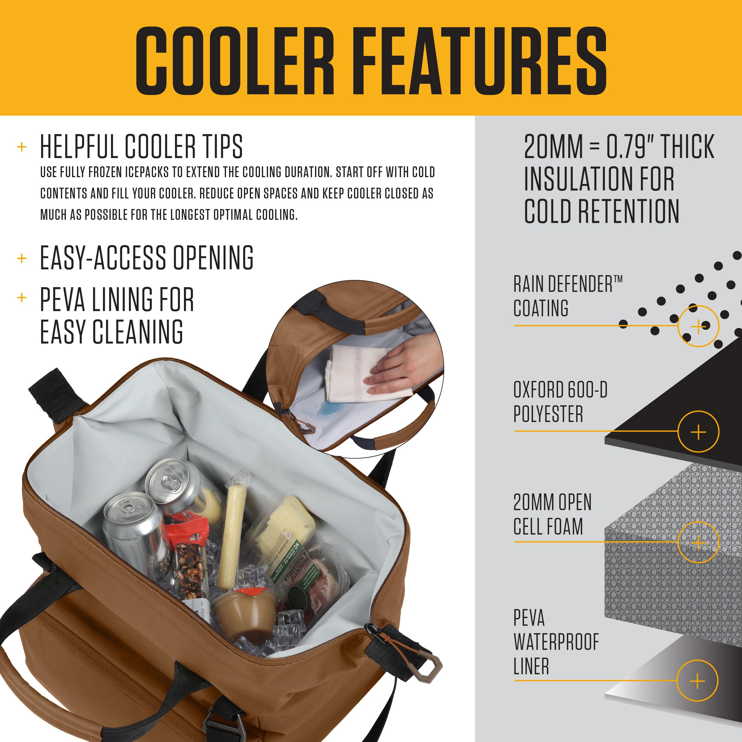 Carhartt cooler open with gloved hand reaching in for easy-access benefit