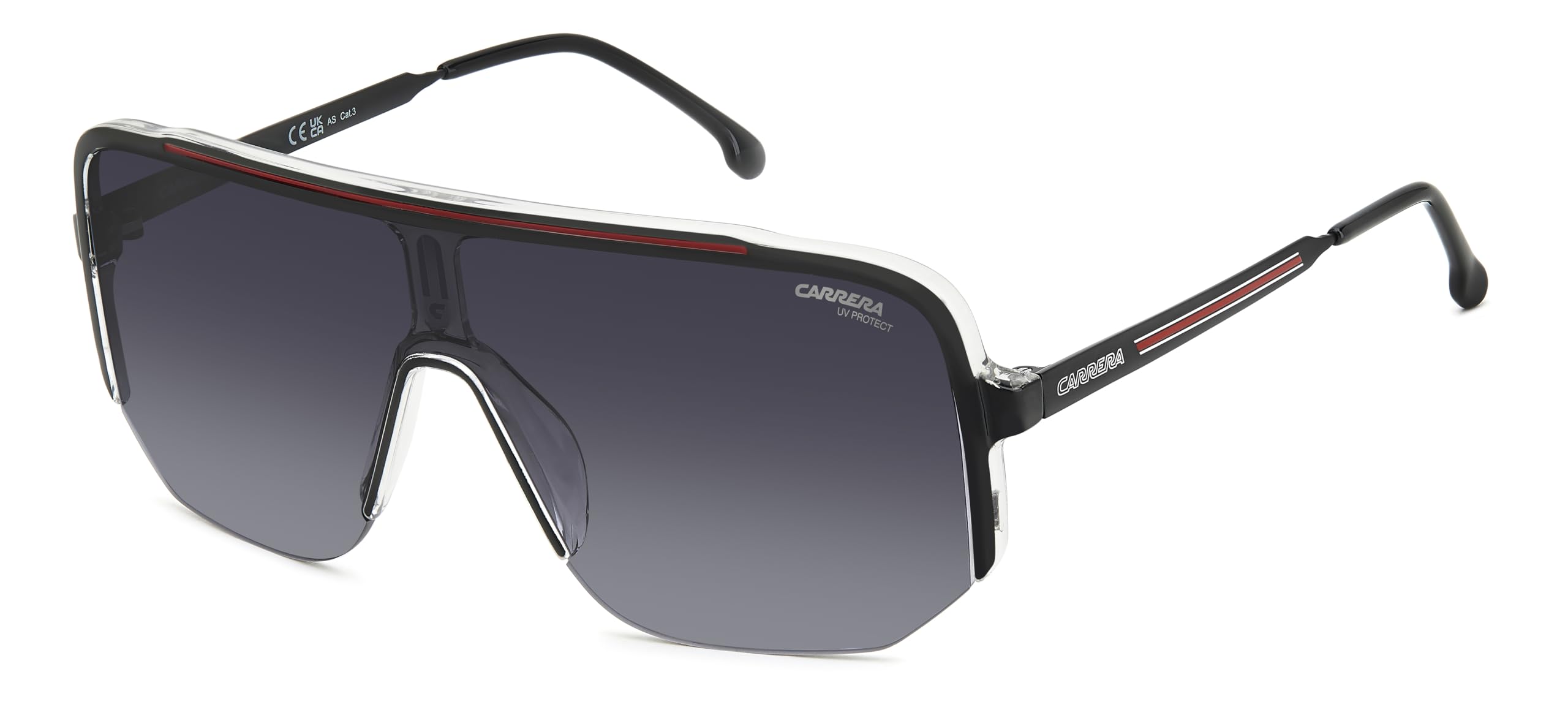 Carrera 1060/S front view showing black and red frame and grey shaded lenses for bold style