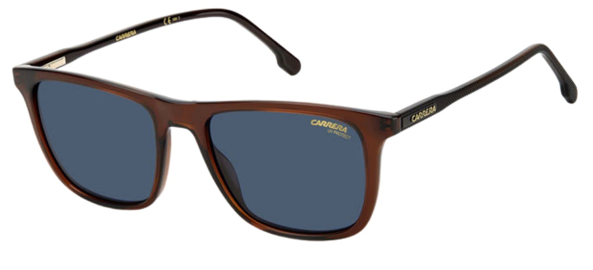 Carrera sunglasses front view showing brown frame and blue lenses for stylish UV protection