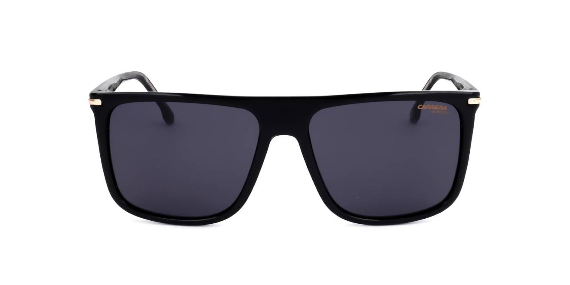 Carrera browline detail highlighting black and gold accents and durable finish