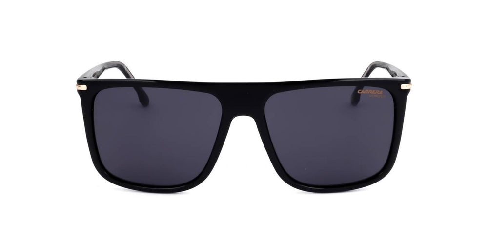 Carrera browline detail highlighting black and gold accents and durable finish