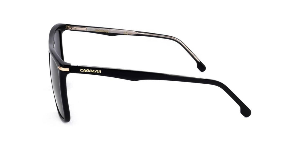 Carrera temple profile showing 145mm arm and secure fit comfort benefit