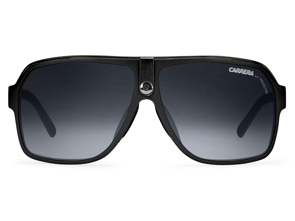 Carrera front view black acetate frame showing classic aviator silhouette and confident look