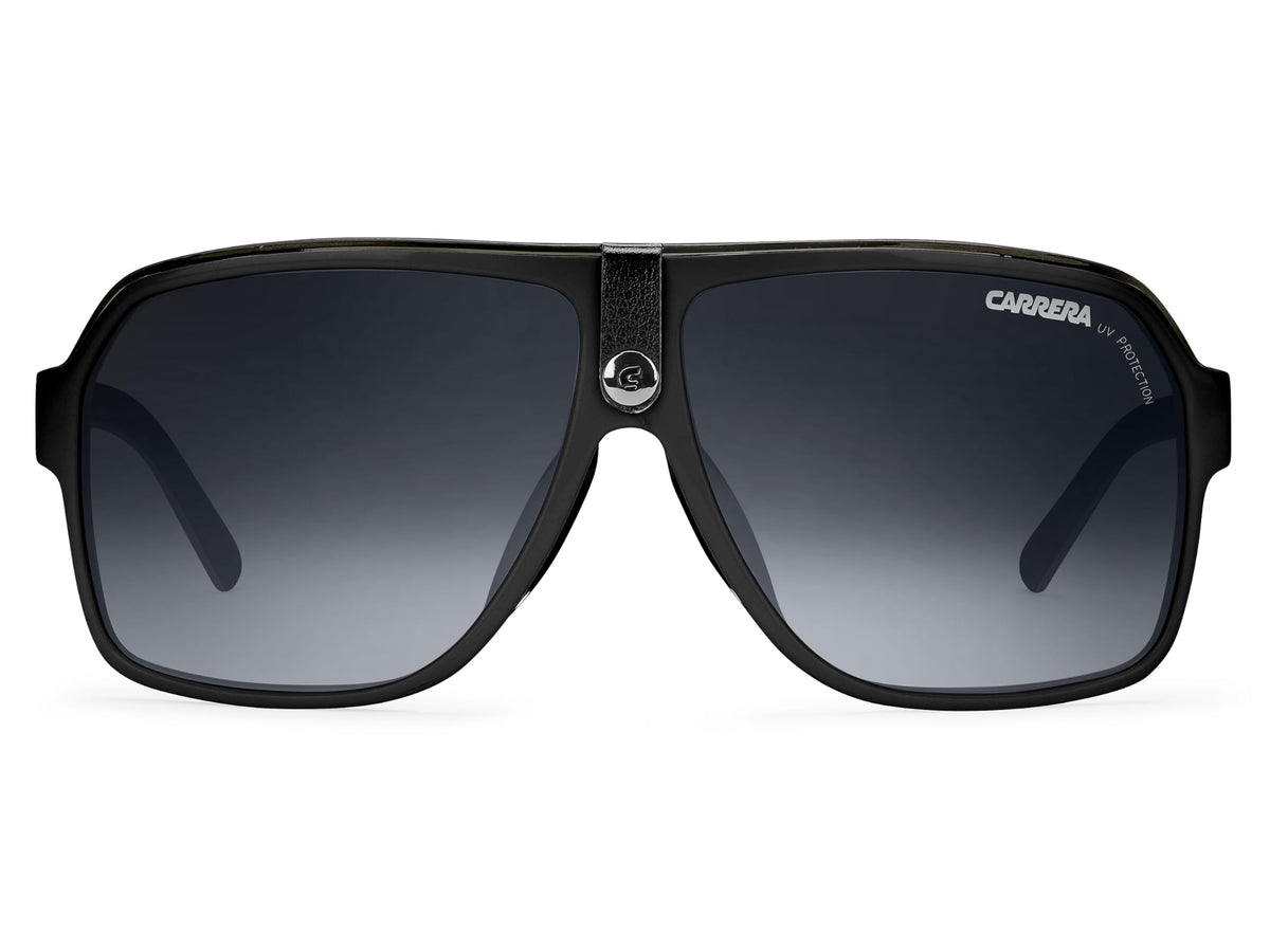 Carrera front view black acetate frame showing classic aviator silhouette and confident look