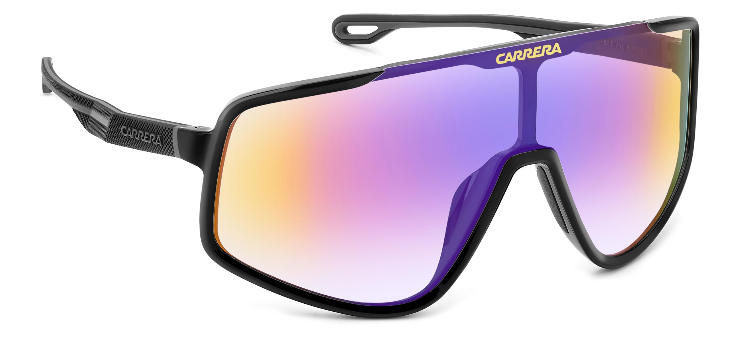 Carrera front view of oversized black shield lens showing bold style and coverage