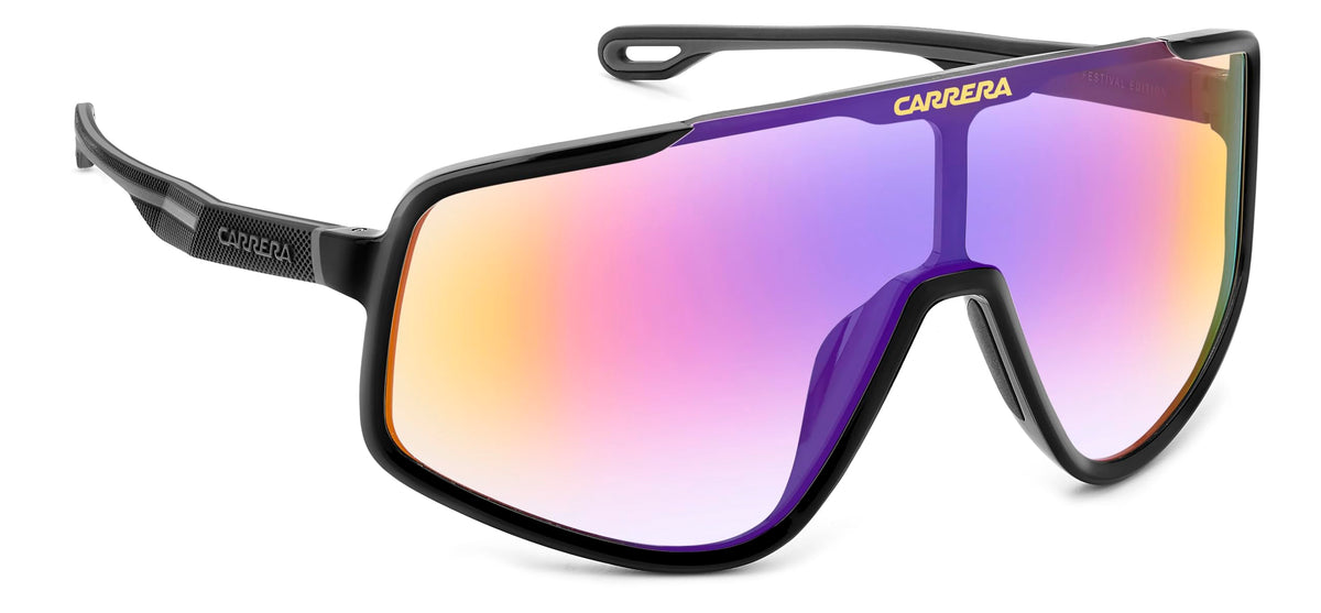 Carrera front view of oversized black shield lens showing bold style and coverage