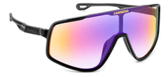 Carrera front view of oversized black shield lens showing bold style and coverage