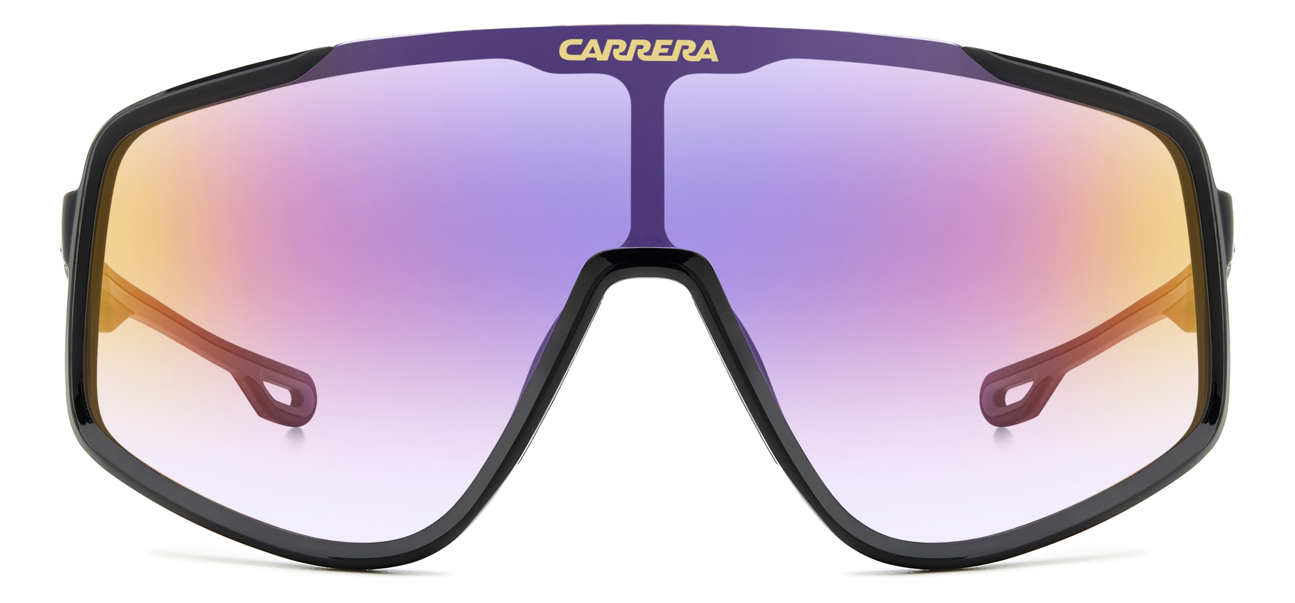 Carrera close-up of iridescent maxi shield lens highlighting reflective festival finish