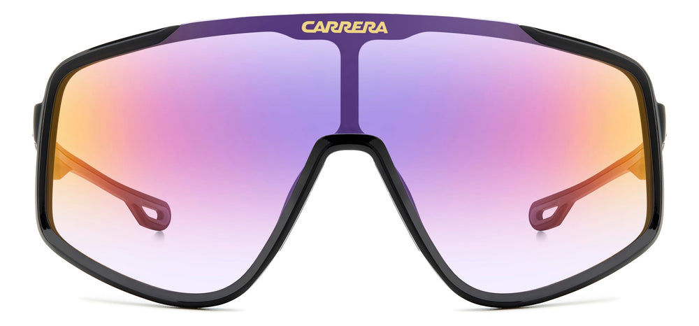 Carrera close-up of iridescent maxi shield lens highlighting reflective festival finish