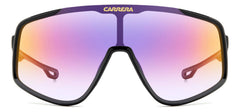 Carrera close-up of iridescent maxi shield lens highlighting reflective festival finish
