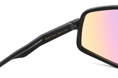 Carrera temple detail showing two-tone injection-moulded flag colors and branding benefit
