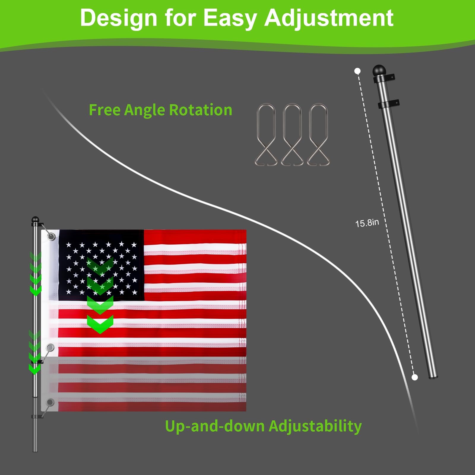 Cartalia anti-wrap clip and sliding ring reducing flag tangles for tidy display