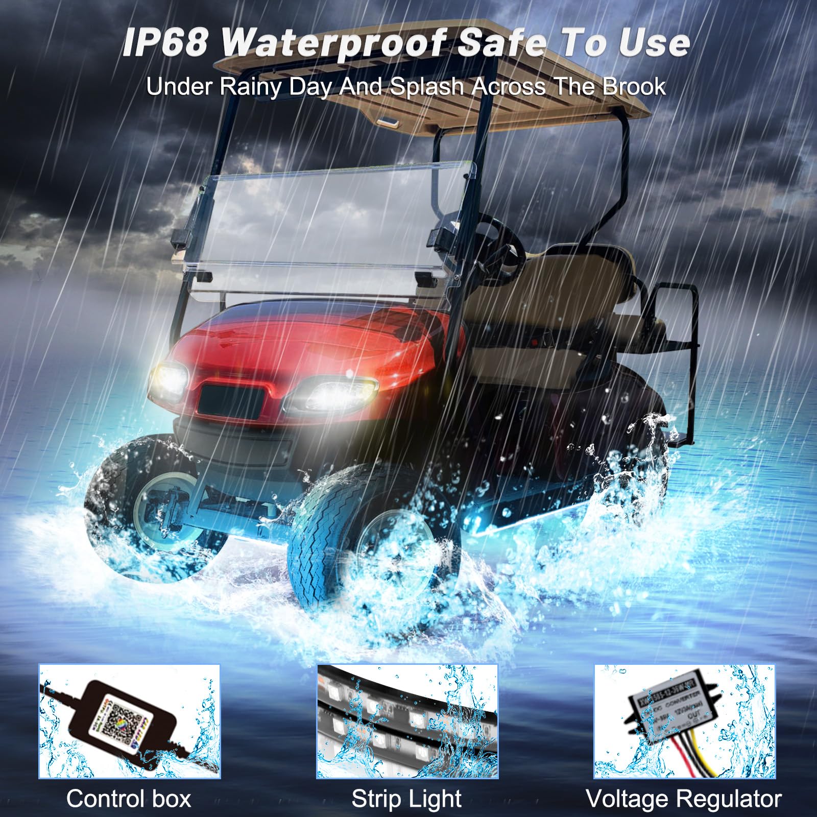 Cartalia LED strips mounted under a golf cart demonstrating secure installation and glow
