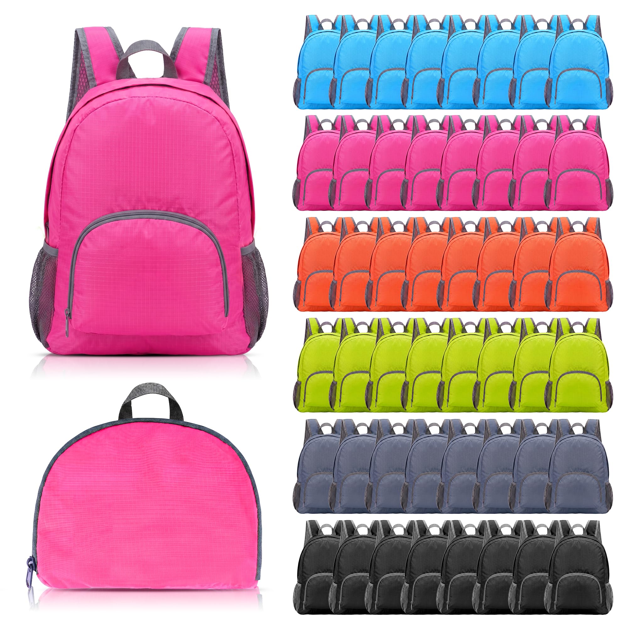 Casa Carina front packaging showing 48 multicolor backpacks and clear branding, ideal for events