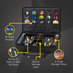 Casemaster interior open with organized darts and compartments for quick access