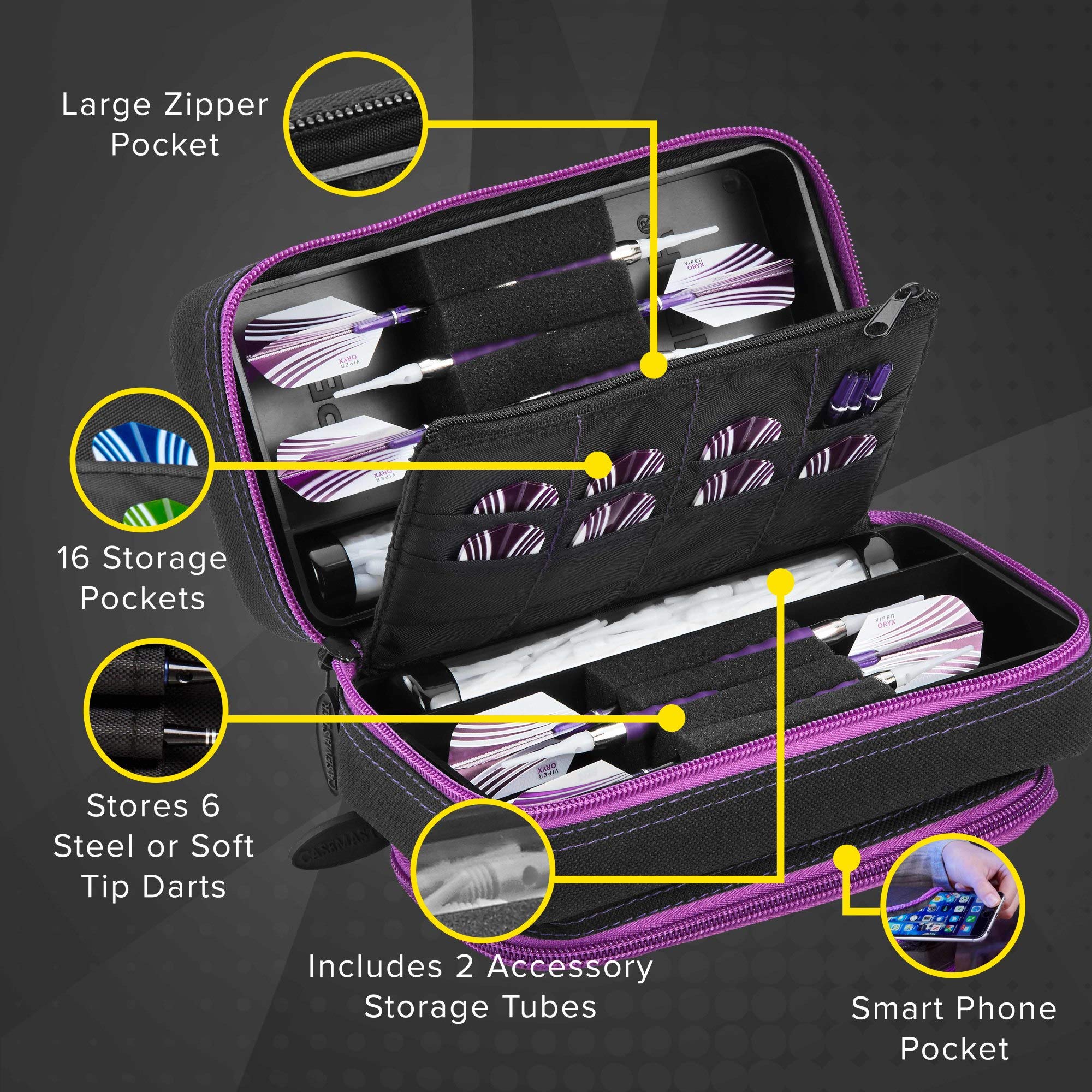 Casemaster Plazma Pro opened to reveal organized interior holding six assembled darts and accessories