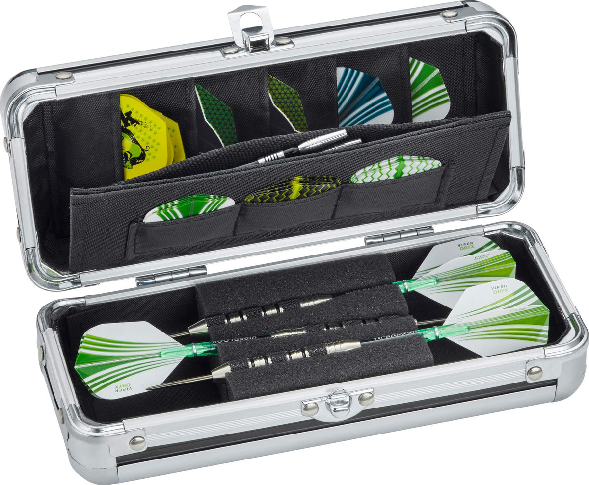 Casemaster front view showing slim aluminum case and professional look, protects darts