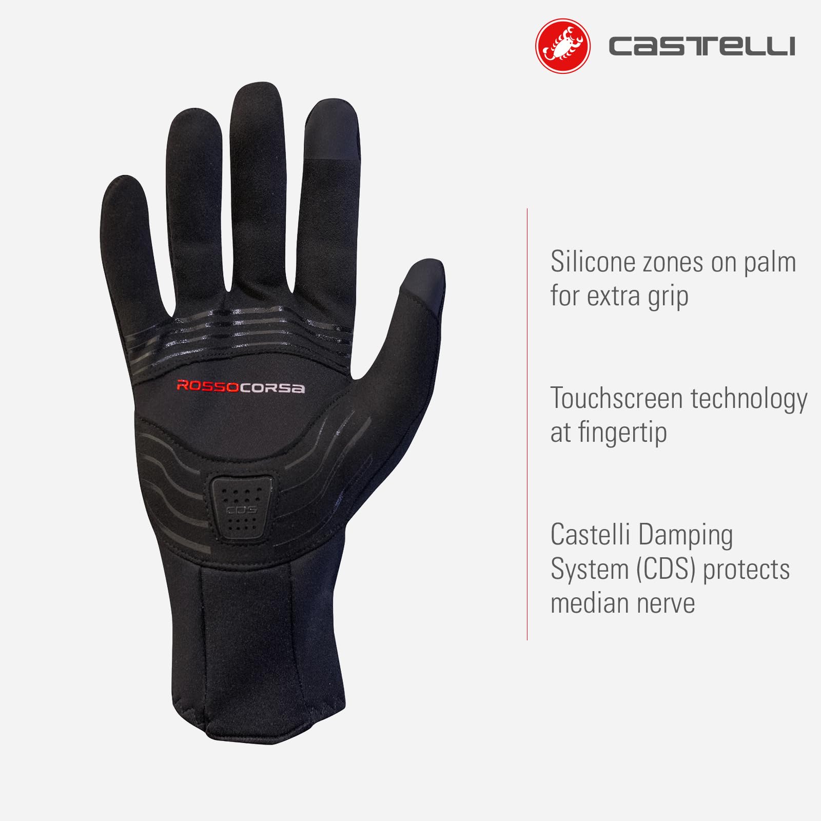 CASTELLI gloves on rider hands demonstrating secure bar feel and control
