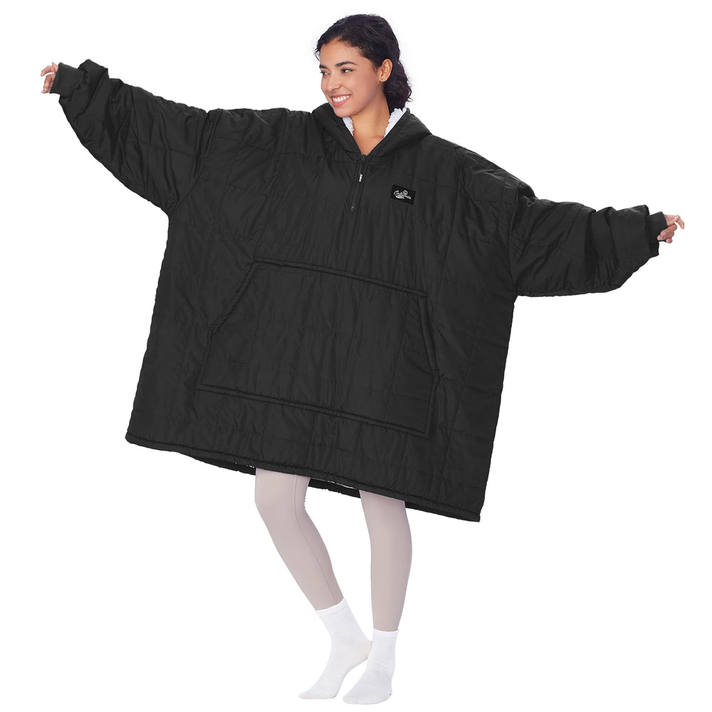 Catalonia front view of wearable blanket showing roomy fit and coverage, ideal for warmth