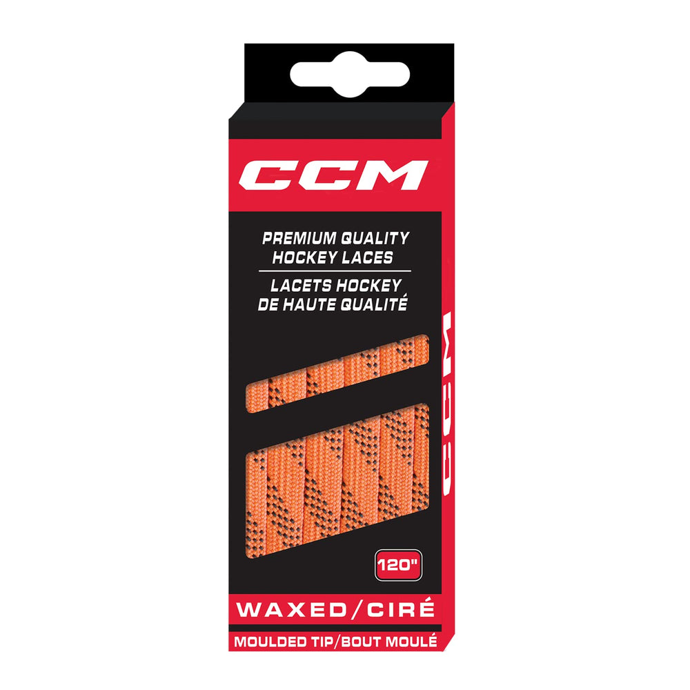 CCM orange-black laces threaded on skate, secure fit and neat appearance