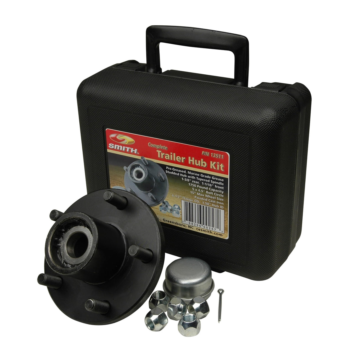 CE Smith front view of assembled trailer hub kit showing pregreased bearings and face