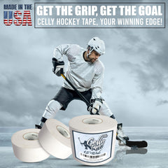 Hockey player using CellyTape on blade during play demonstrating enhanced control and quick application