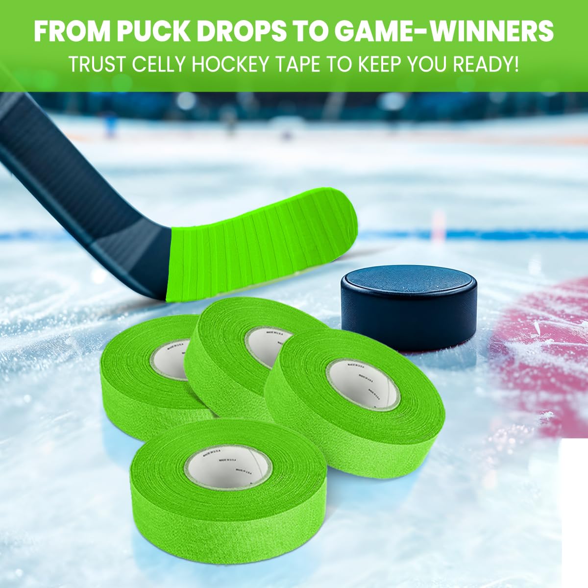 CellyTape roll beside puck illustrating 1-inch width and useful scale