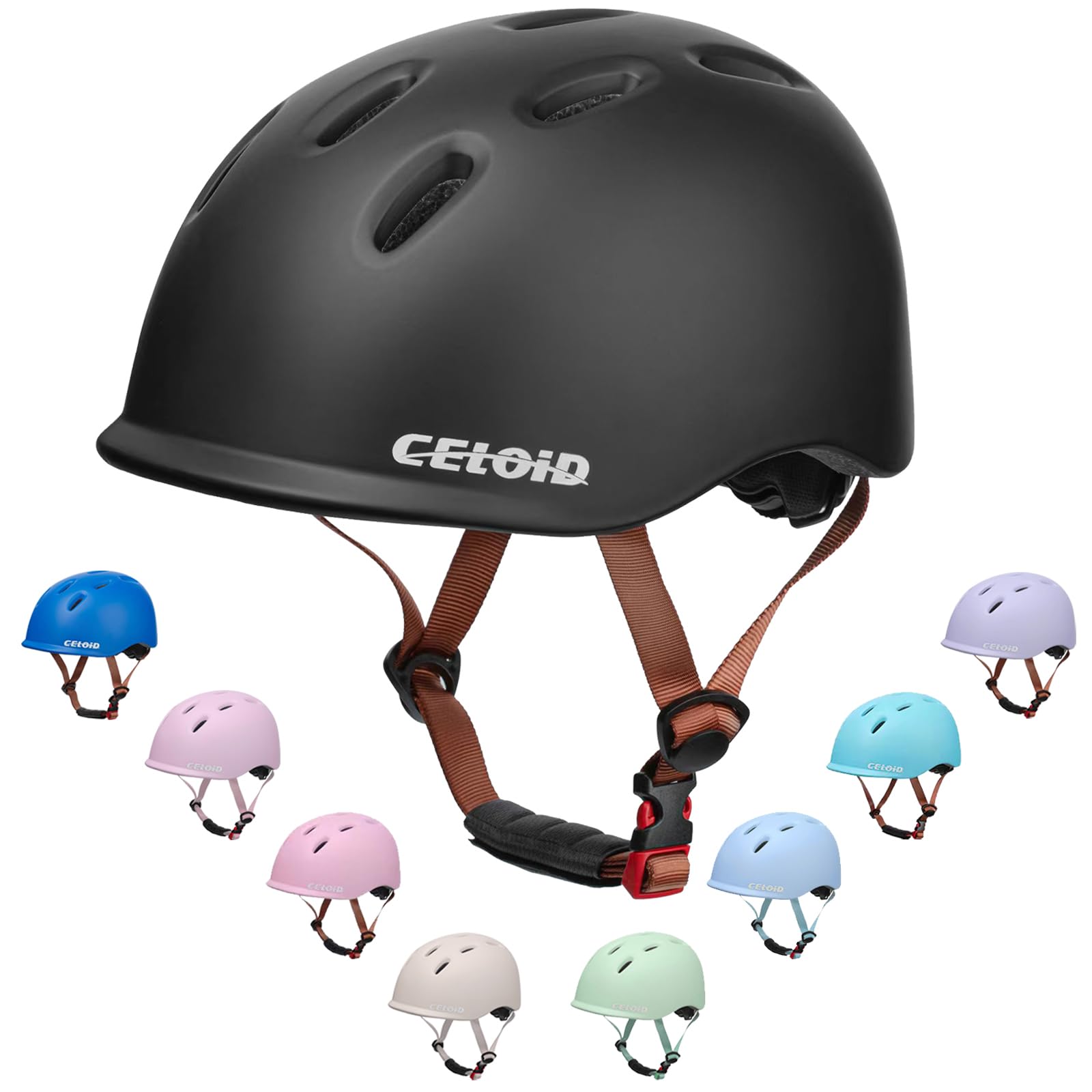 CELOID front view of black helmet showing sleek shell and safety benefit
