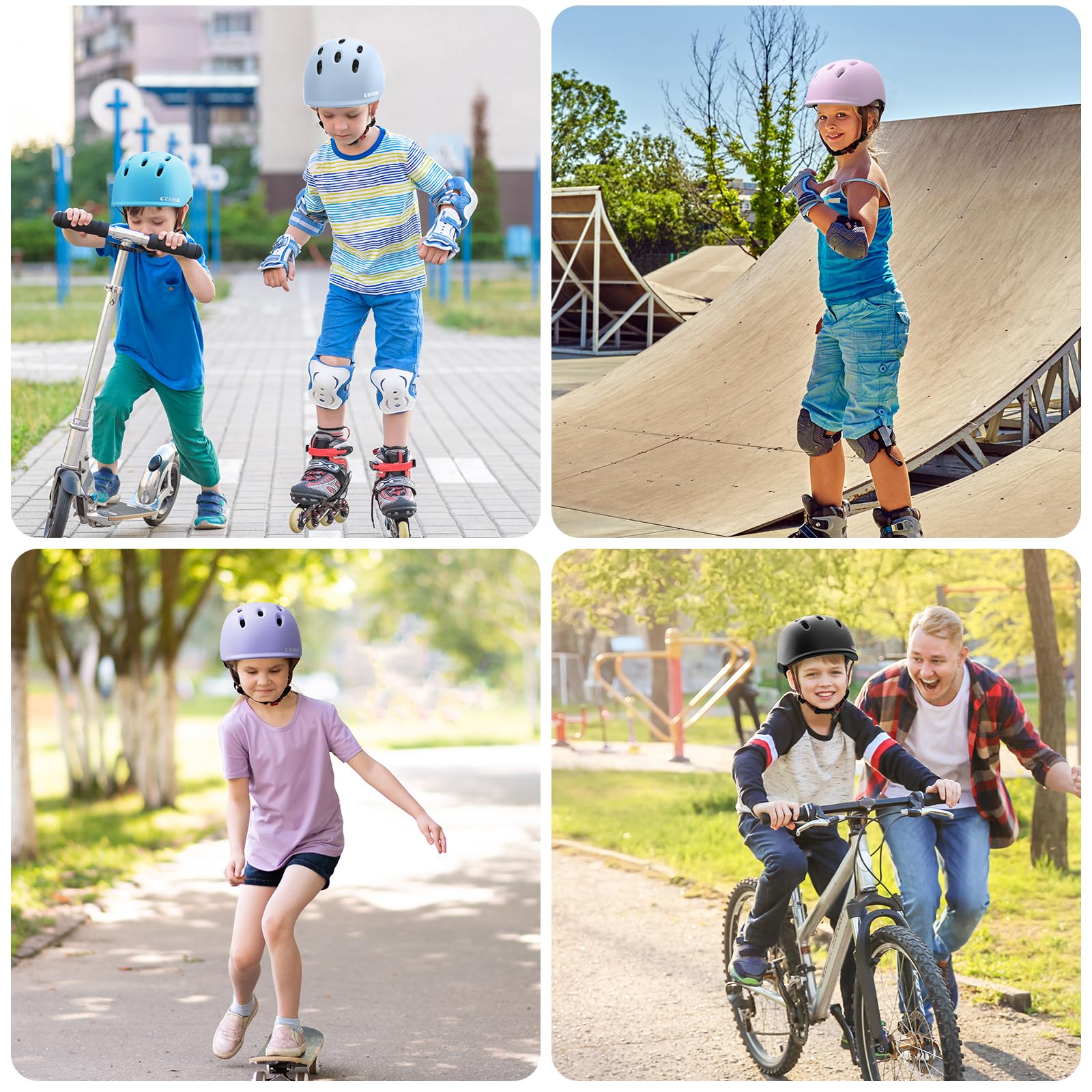 CELOID lifestyle shot at scooter park showing helmet use for multi-sport play