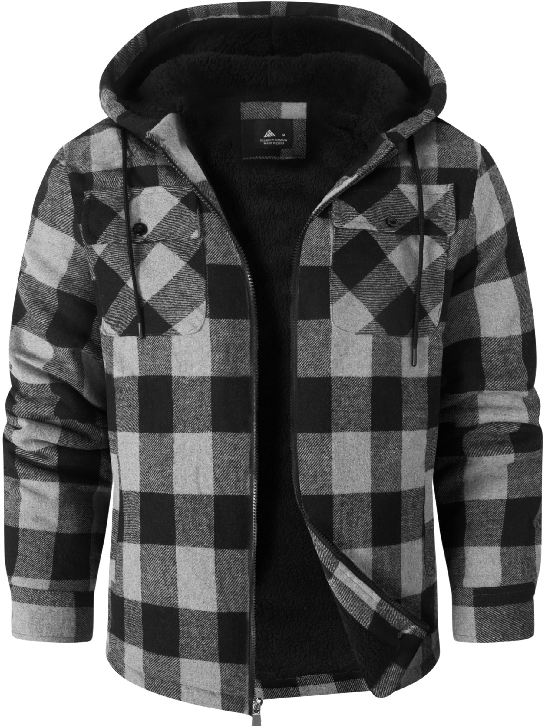 Ceoutdoor front view of hooded plaid jacket showing fit and zip closure benefit warmth