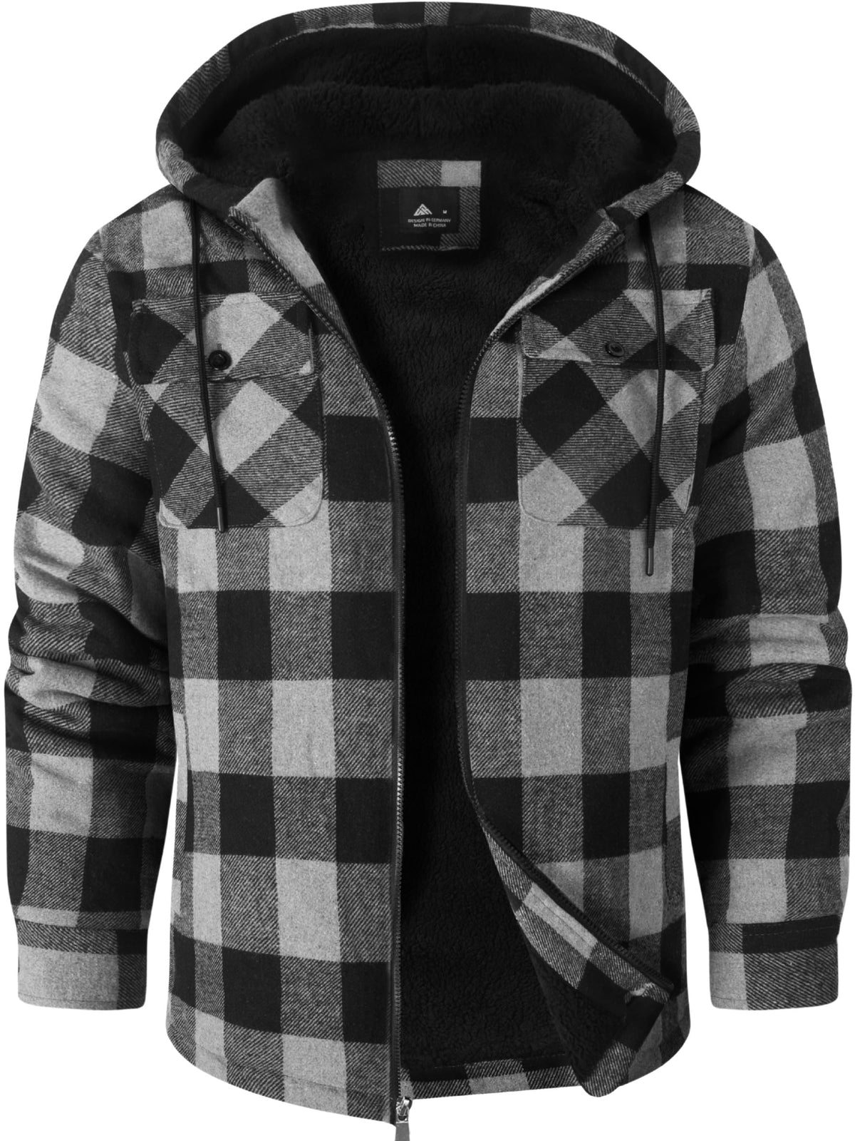 Ceoutdoor front view of hooded plaid jacket showing fit and zip closure benefit warmth