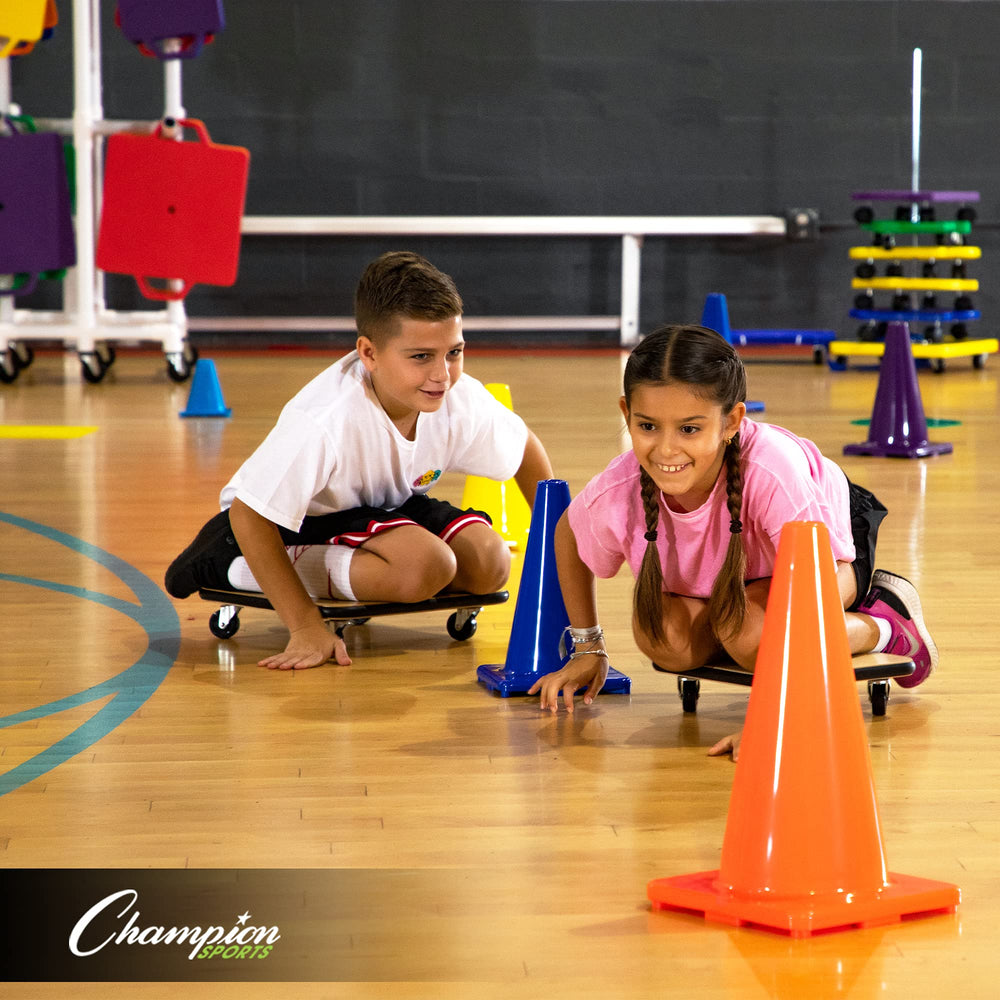 Champion Sports child lying prone using scooter emphasizing core engagement and fun