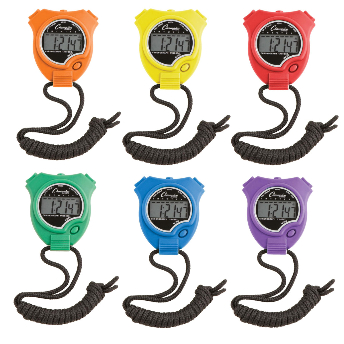 Champion Sports front view of six stopwatches showing bright colors and easy identification