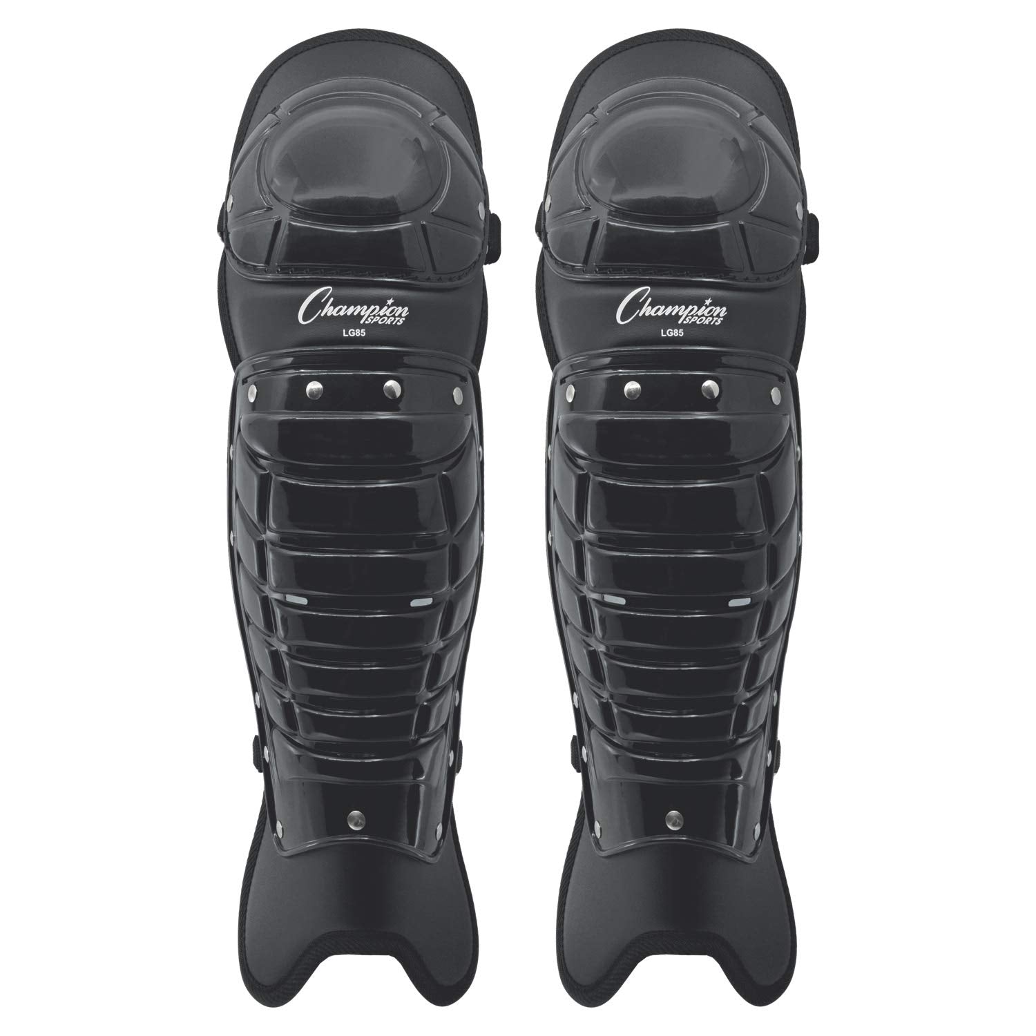 Champion Sports front view leg guards showing full 16.5" coverage and professional look