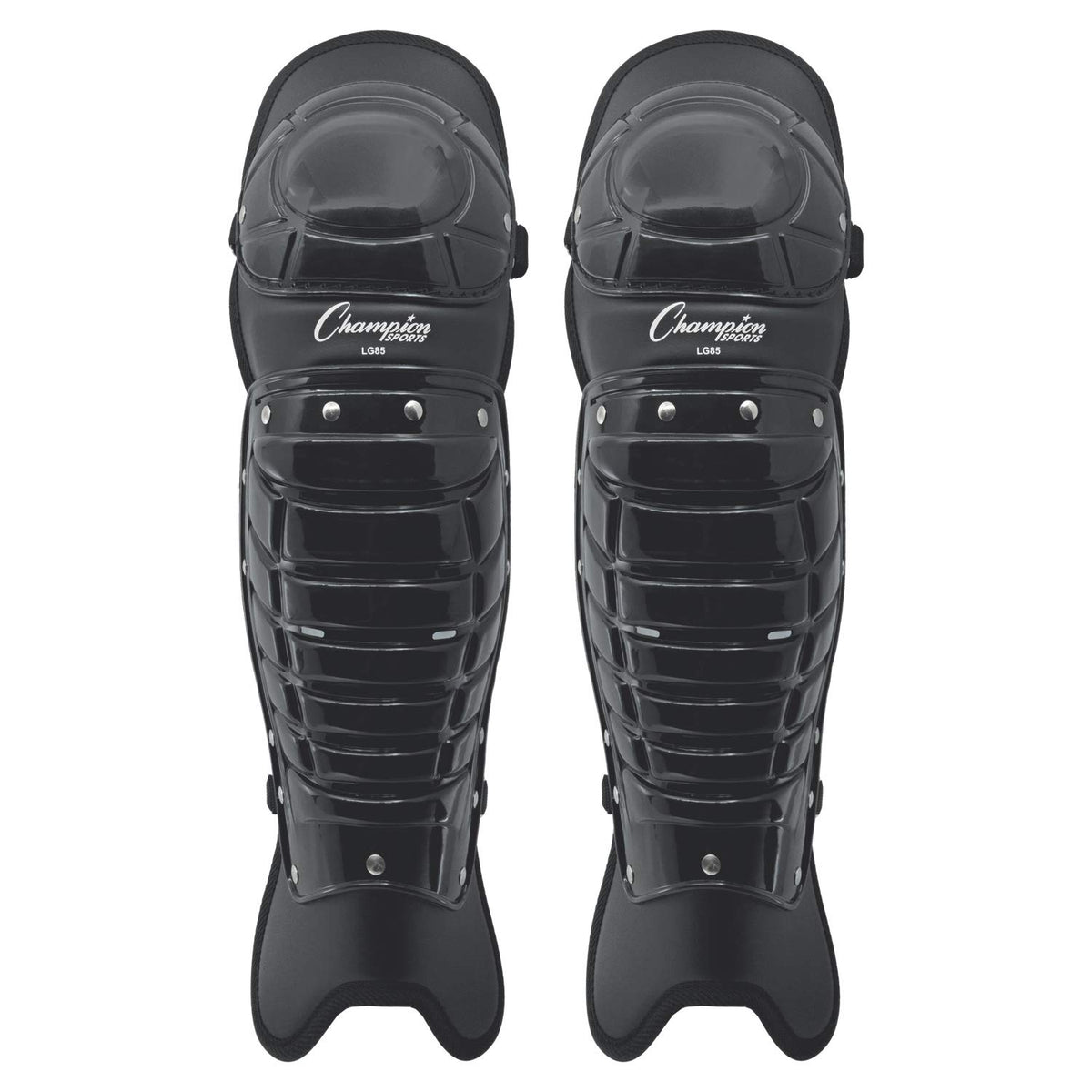 Champion Sports front view leg guards showing full 16.5" coverage and professional look
