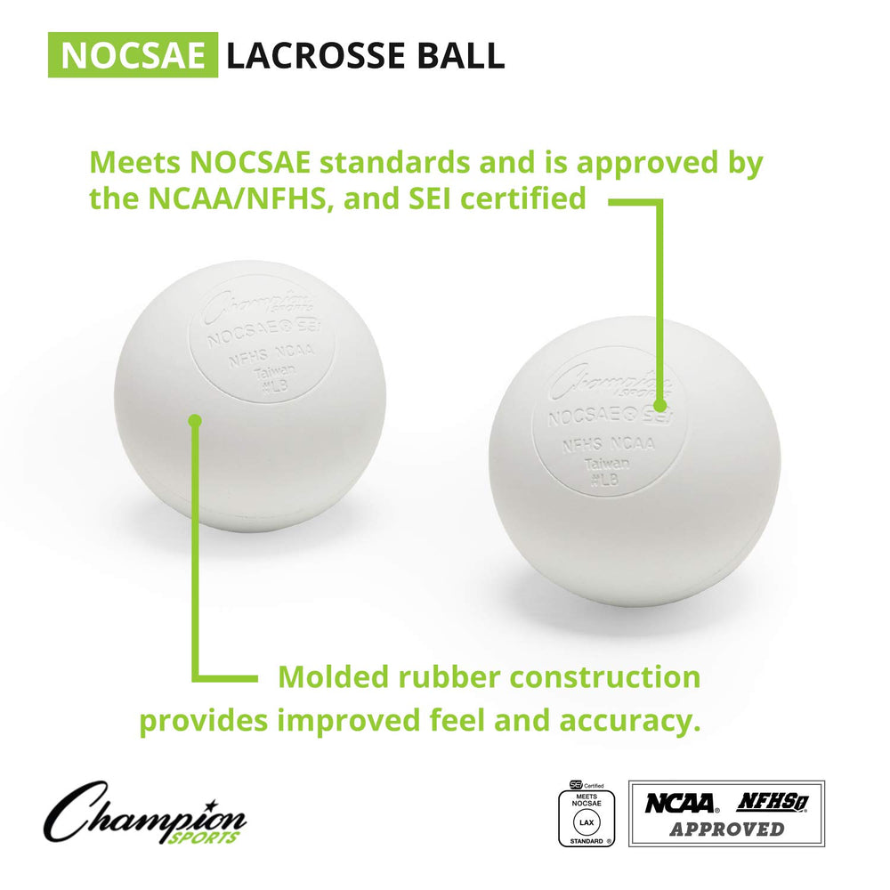 Champion Sports lacrosse ball held in hand illustrating true-to-size feel and handling benefit